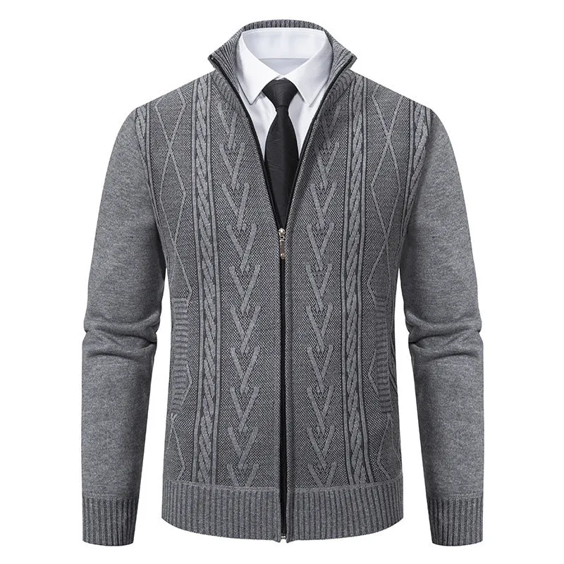 Herren Feinstrick-Zipjacke mit geometrischem Jacquardmuster, Stehkragen und Eingrifftaschen Drune