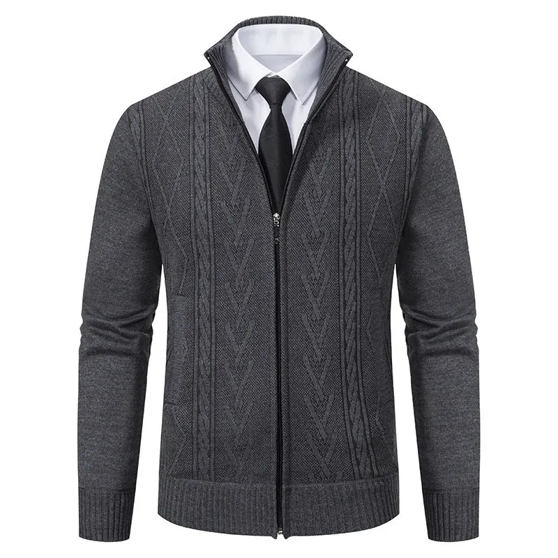 Herren Feinstrick-Zipjacke mit geometrischem Jacquardmuster, Stehkragen und Eingrifftaschen Drune