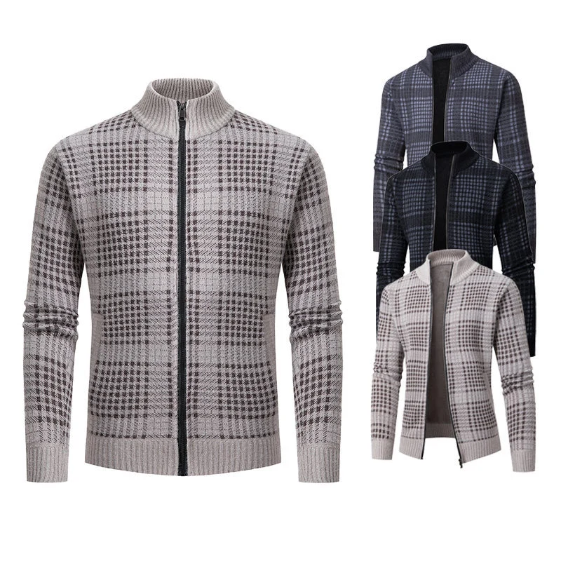 Herren Feinstrick-Zipcardigan mit Glencheck‑Muster, Stehkragen und Zwei‑Wege‑Reißverschluss Drune