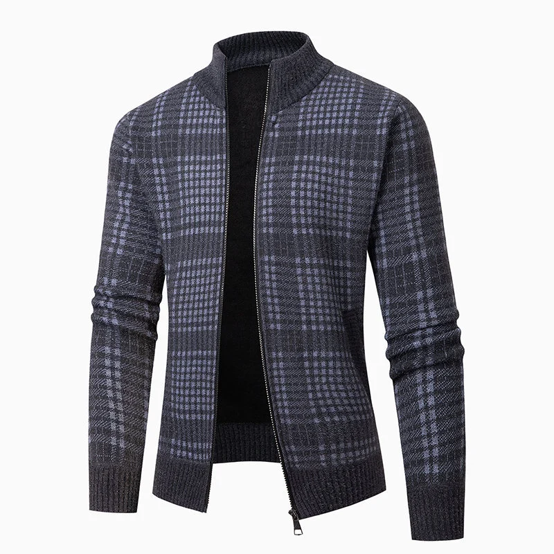 Herren Feinstrick-Zipcardigan mit Glencheck‑Muster, Stehkragen und Zwei‑Wege‑Reißverschluss Drune