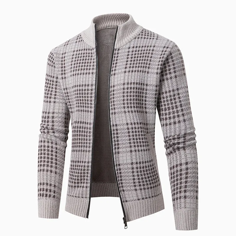 Herren Feinstrick-Zipcardigan mit Glencheck‑Muster, Stehkragen und Zwei‑Wege‑Reißverschluss Drune