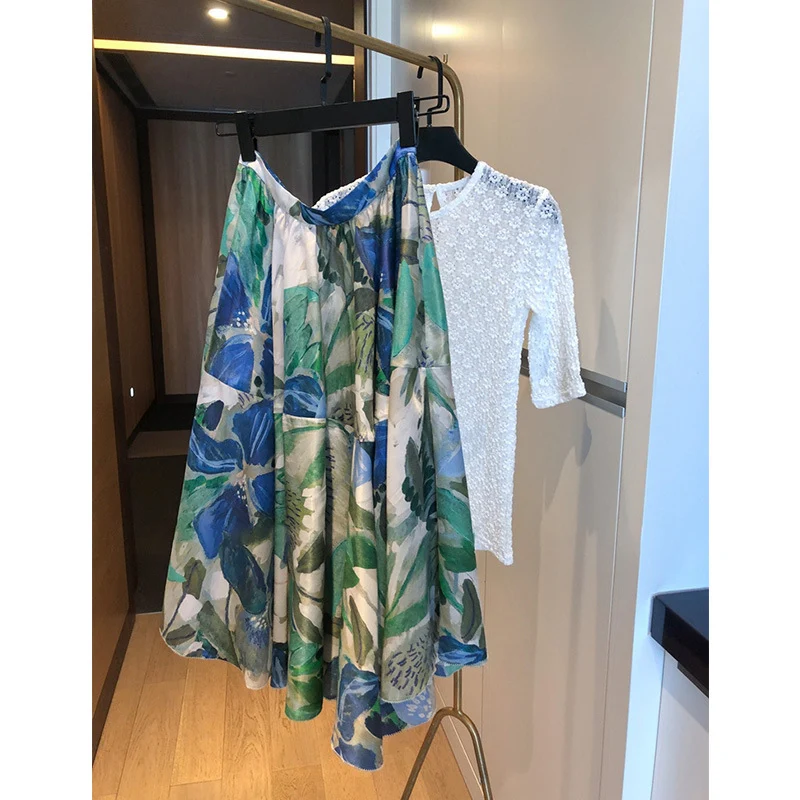 Damen Zweiteiliges Set: Gehäkelte Spitzenbluse mit ellbogenlangen Ärmeln & Floraler taillenhoher Midirock Drune