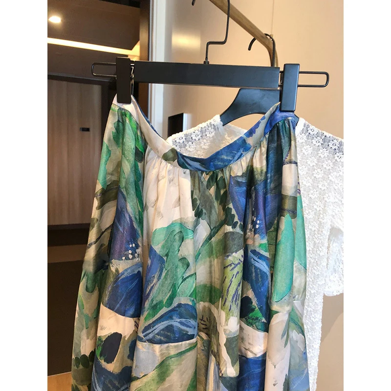 Damen Zweiteiliges Set: Gehäkelte Spitzenbluse mit ellbogenlangen Ärmeln & Floraler taillenhoher Midirock Drune