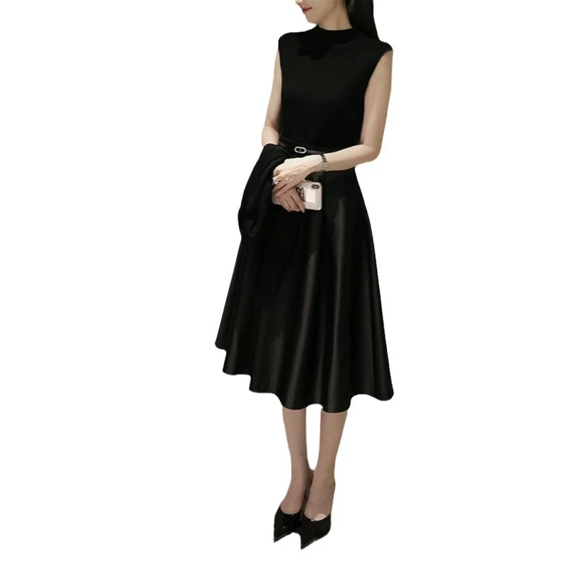 Damen Zweiteiliges Set: Ärmelloses Feinstrick-Top & taillenhoher Satin‑Midirock Drune
