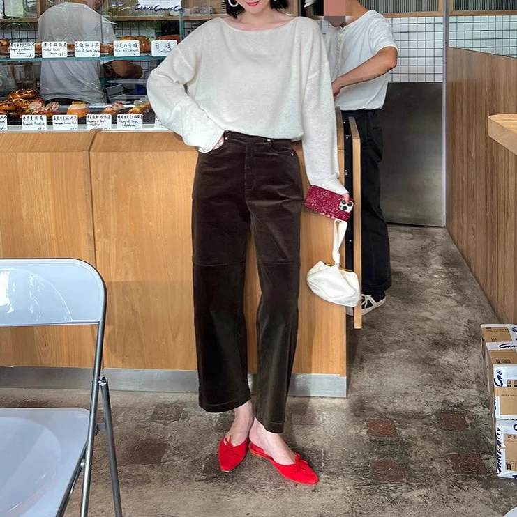Damen Weite Cordhose mit hoher Taille, Cropped-Bein und Eingrifftaschen Drune
