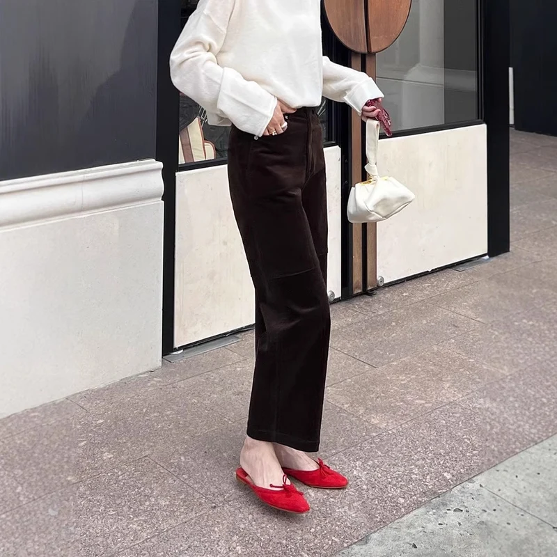 Damen Weite Cordhose mit hoher Taille, Cropped-Bein und Eingrifftaschen Drune