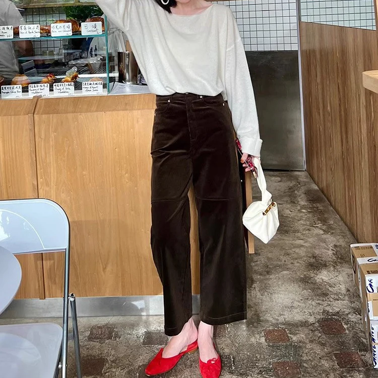 Damen Weite Cordhose mit hoher Taille, Cropped-Bein und Eingrifftaschen Drune