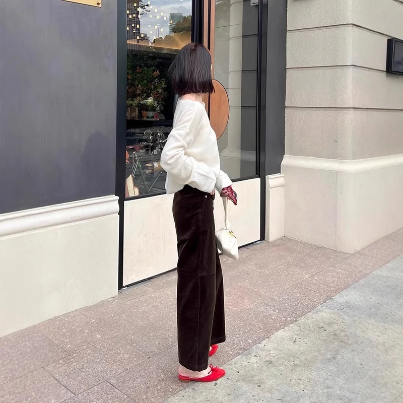 Damen Weite Cordhose mit hoher Taille, Cropped-Bein und Eingrifftaschen Drune
