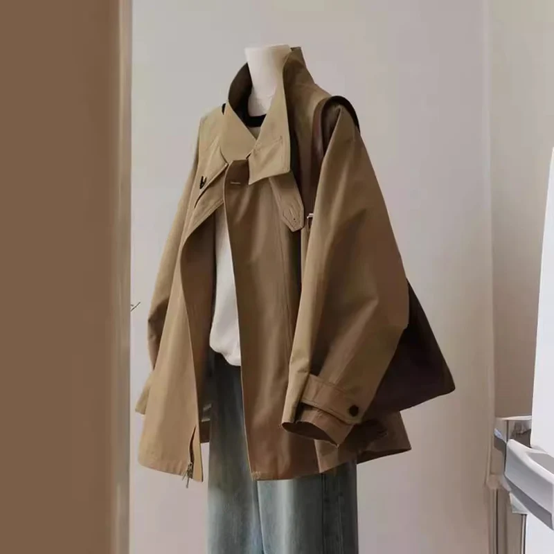 Damen Trench-inspirierte Kurzjacke mit Oversize-Silhouette, Stehkragen und verdecktem Reißverschluss Drune