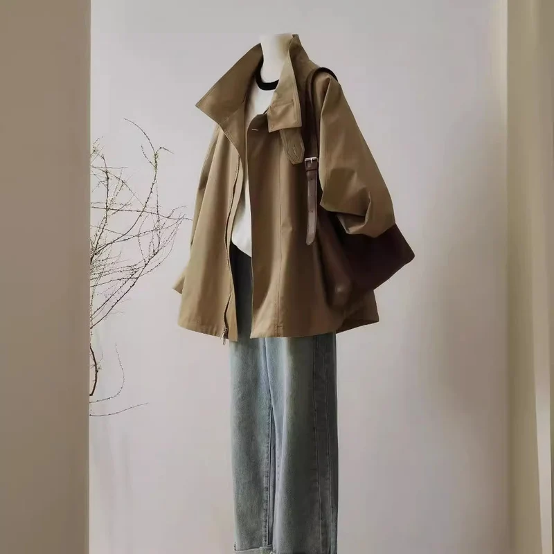 Damen Trench-inspirierte Kurzjacke mit Oversize-Silhouette, Stehkragen und verdecktem Reißverschluss Drune