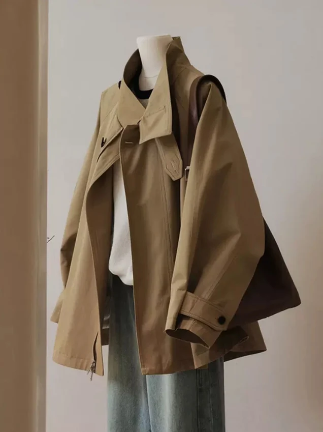 Damen Trench-inspirierte Kurzjacke mit Oversize-Silhouette, Stehkragen und verdecktem Reißverschluss Drune