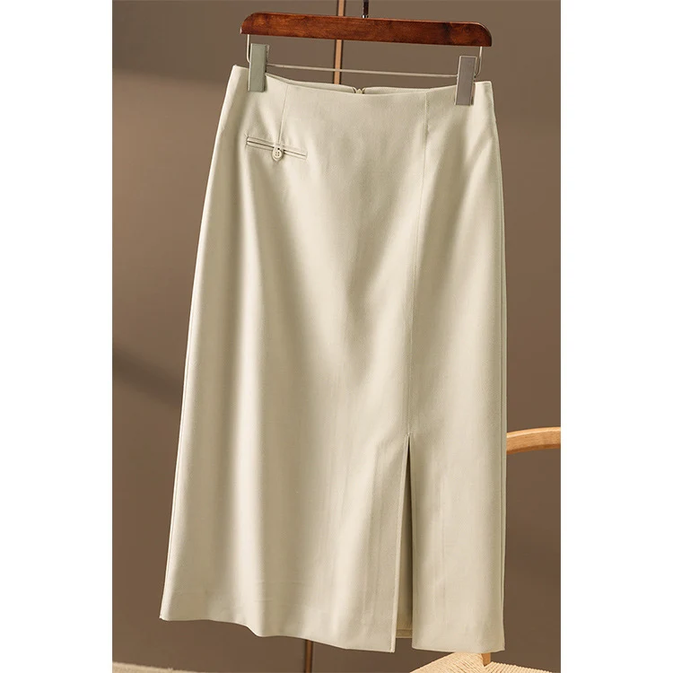 Damen Taillierter Midirock mit hohem Bund, dekorativer Leistentasche und vorderlichem Schlitz Drune