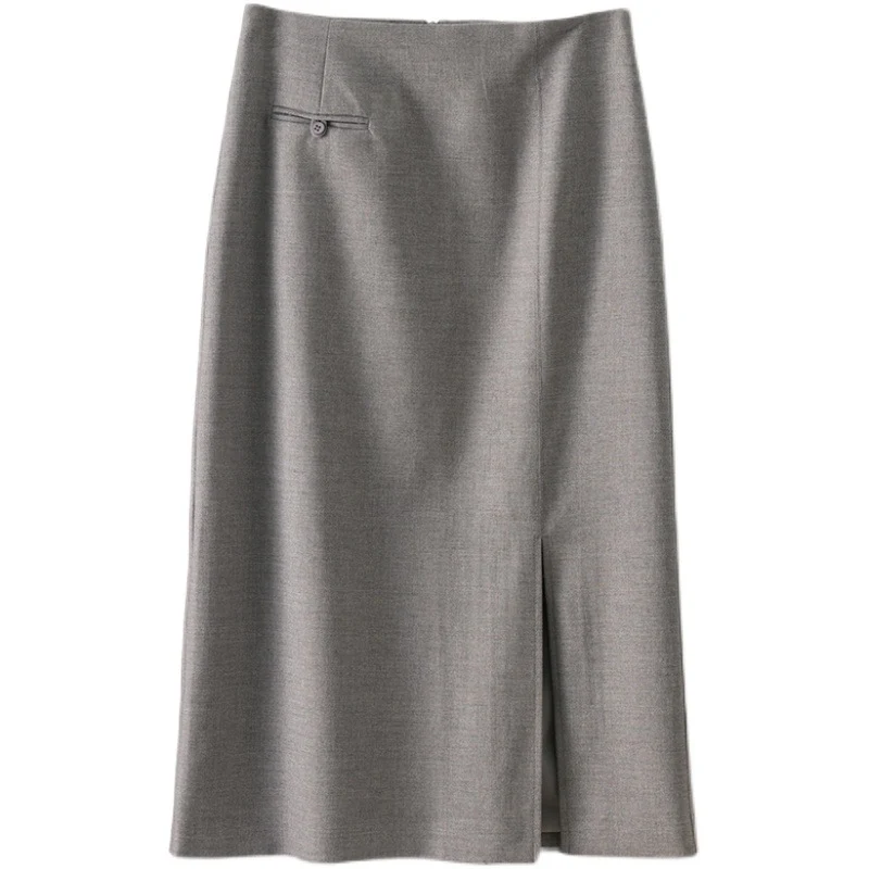 Damen Taillierter Midirock mit hohem Bund, dekorativer Leistentasche und vorderlichem Schlitz Drune