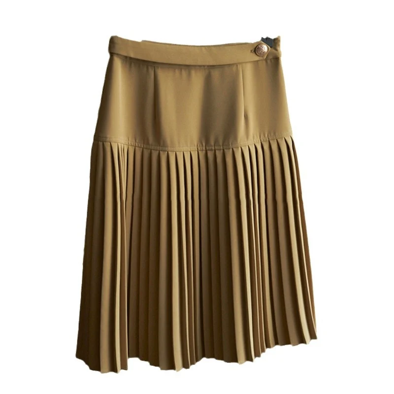Damen Taillenhoher plissierter Midirock mit Zierknopf und soften Falten Drune
