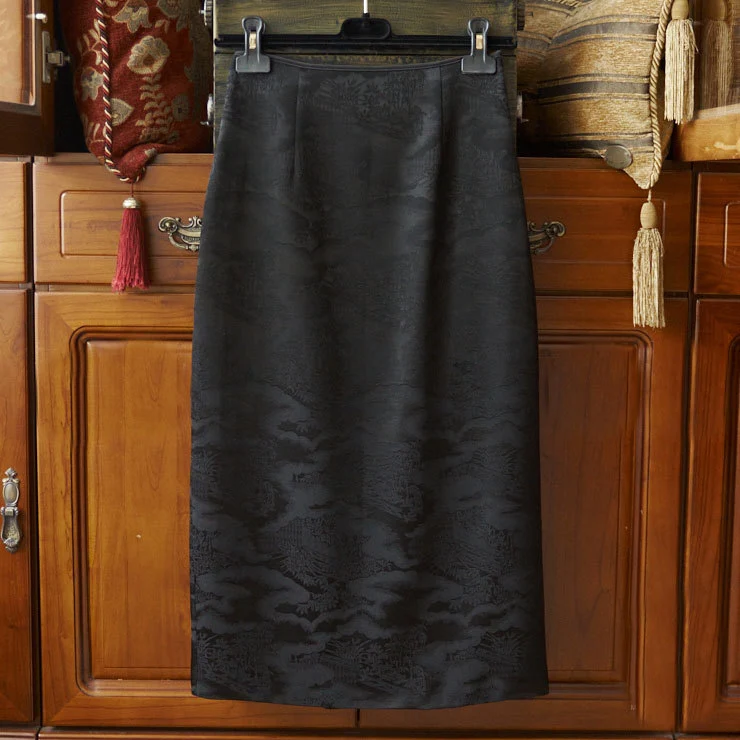 Damen Taillenhoher Midirock mit floralem Jacquard, vorderem Schlitz & Zier-Froschverschluss Drune