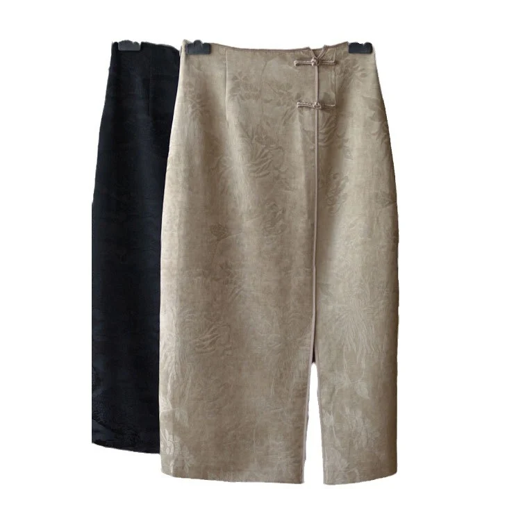 Damen Taillenhoher Midirock mit floralem Jacquard, vorderem Schlitz & Zier-Froschverschluss Drune