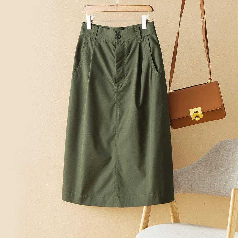 Damen Taillenhoher Midirock mit Eingrifftaschen, mittiger Naht und A‑Linie Drune