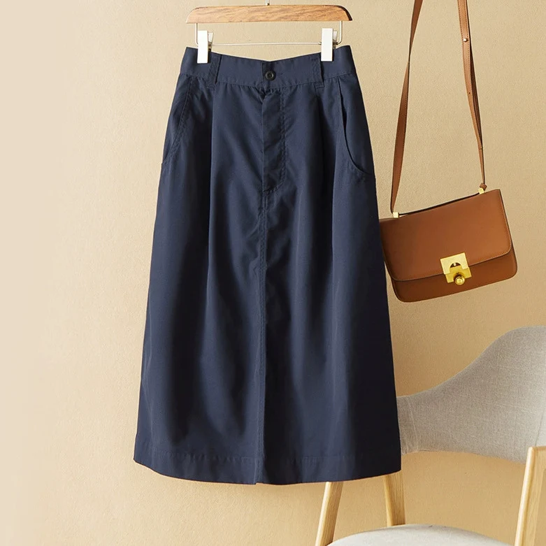 Damen Taillenhoher Midirock mit Eingrifftaschen, mittiger Naht und A‑Linie Drune