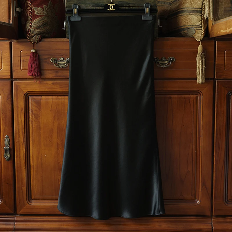 Damen Taillenhoher Midirock aus Satin-Bias mit seidig-glänzendem Fall Drune