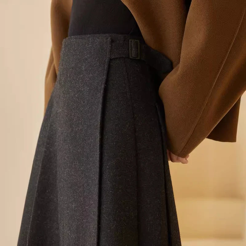 Damen Taillenhoher Midi-A-Linienrock aus Wollmix mit eingelegten Falten und Zierlasche Drune