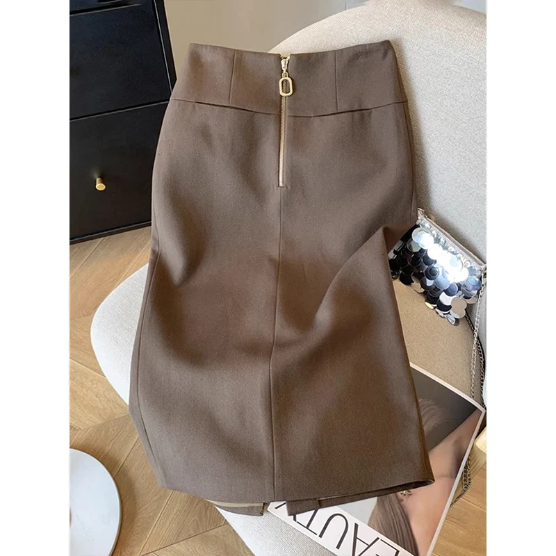 Damen Taillenhoher Bleistift-Midirock mit dekorativem Rückenzipper Drune