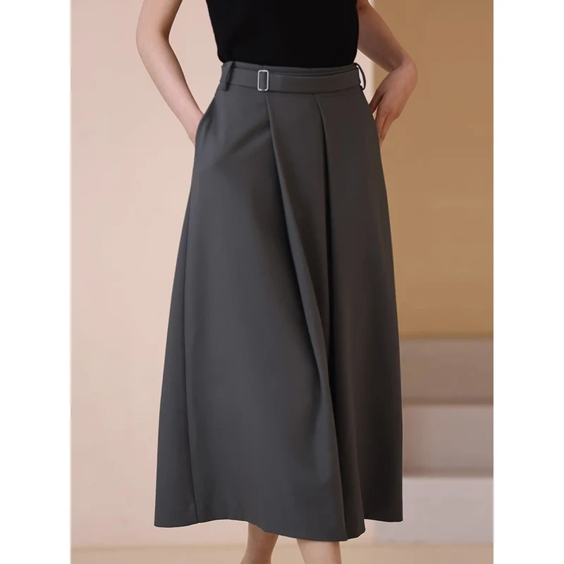 Damen Taillenhoher A-Linien Midirock mit präzisen Kellerfalten, breitem Taillenband & Eingrifftaschen Drune