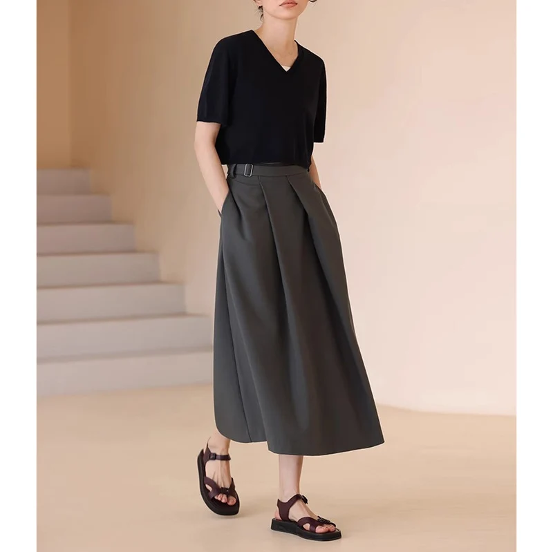 Damen Taillenhoher A-Linien Midirock mit präzisen Kellerfalten, breitem Taillenband & Eingrifftaschen Drune