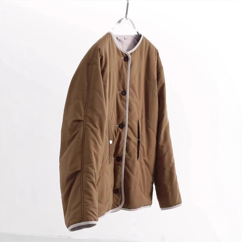 Damen Steppjacke ohne Kragen mit Oversize‑Silhouette und Kontrastpaspel Drune