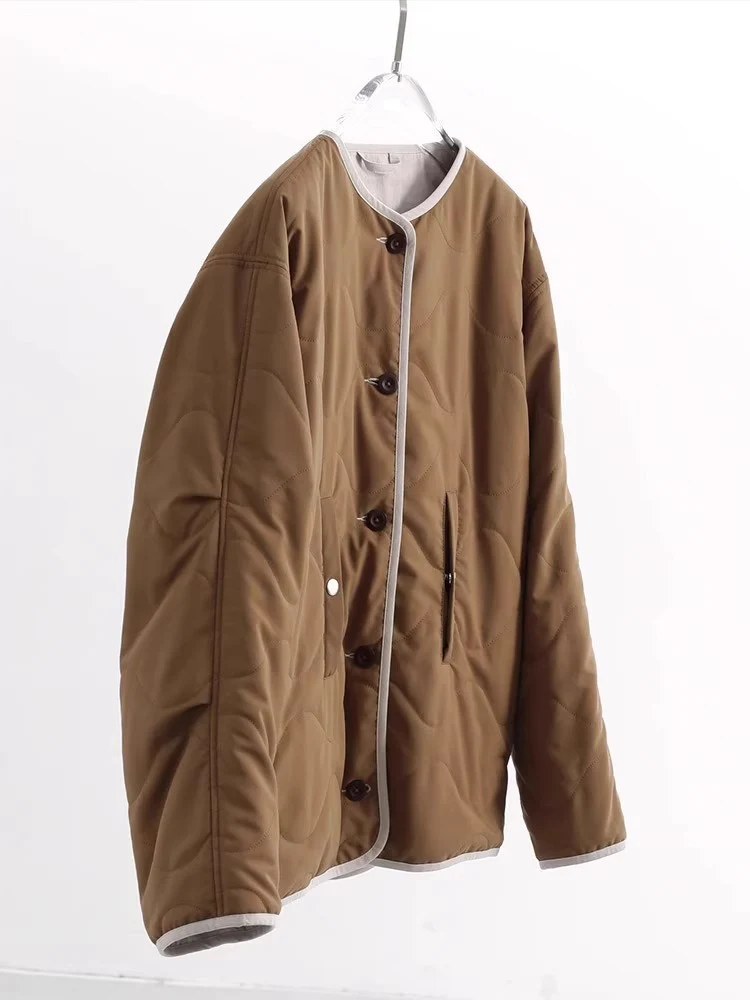 Damen Steppjacke ohne Kragen mit Oversize‑Silhouette und Kontrastpaspel Drune