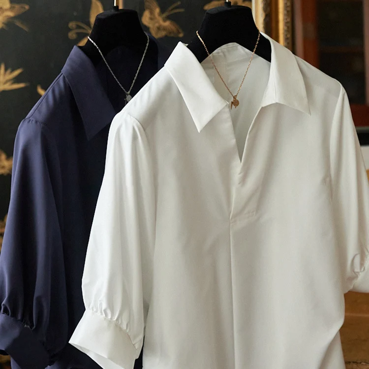 Damen Seidenoptik Hemdbluse mit verdeckter Knopfleiste und dreiviertelärmeln Drune