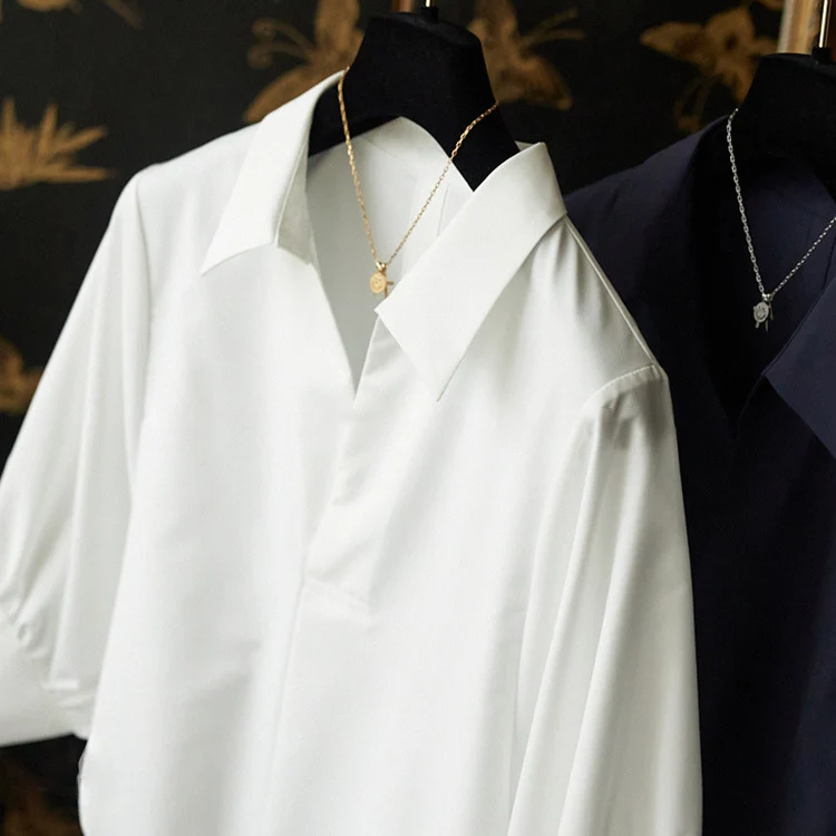 Damen Seidenoptik Hemdbluse mit verdeckter Knopfleiste und dreiviertelärmeln Drune