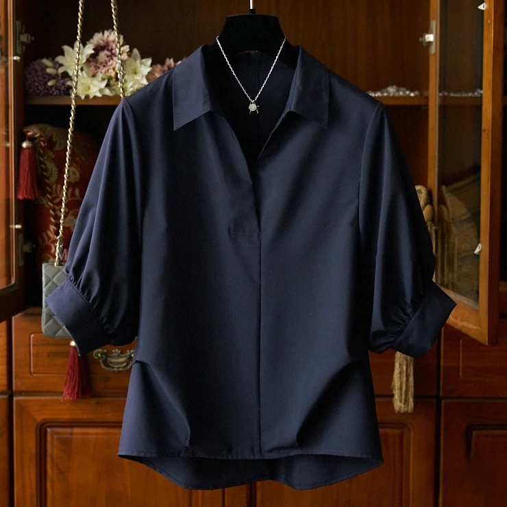 Damen Seidenoptik Hemdbluse mit verdeckter Knopfleiste und dreiviertelärmeln Drune
