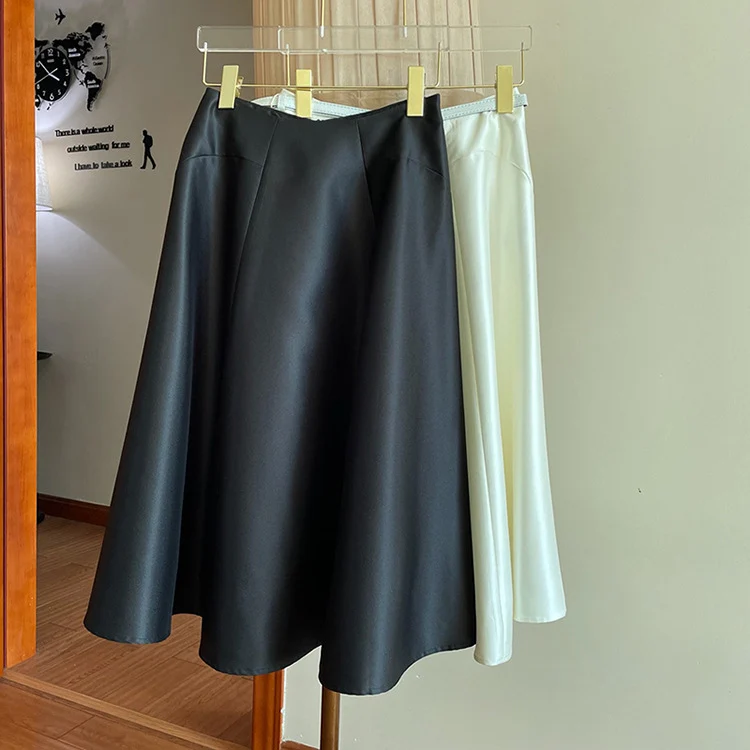 Damen Satin-Midirock mit ausgestellter A‑Linie und schmalem Bindegürtel Drune