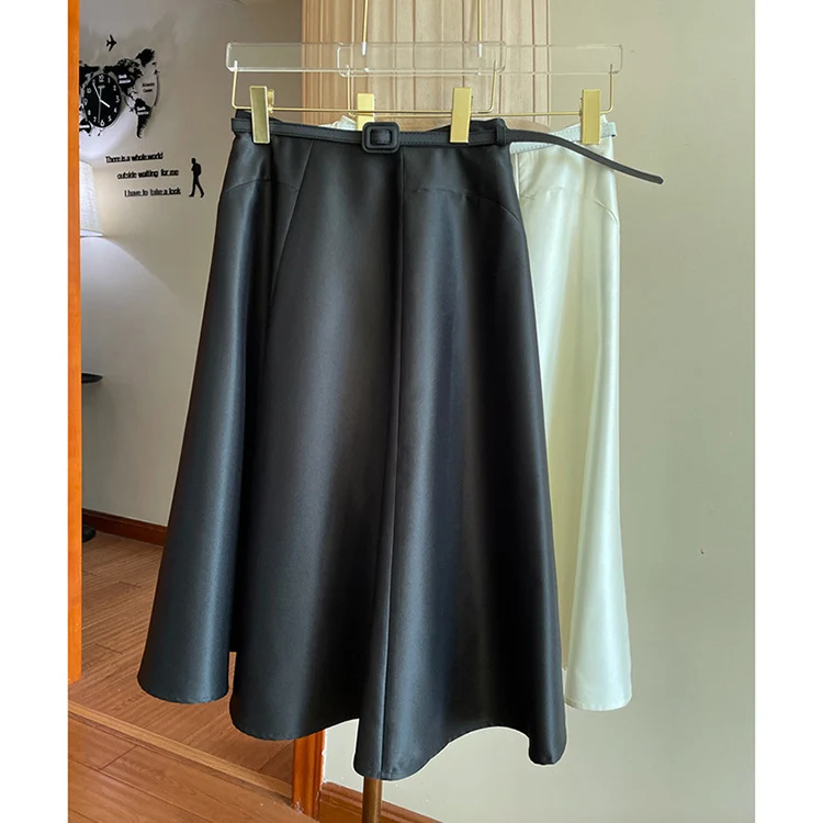 Damen Satin-Midirock mit ausgestellter A‑Linie und schmalem Bindegürtel Drune