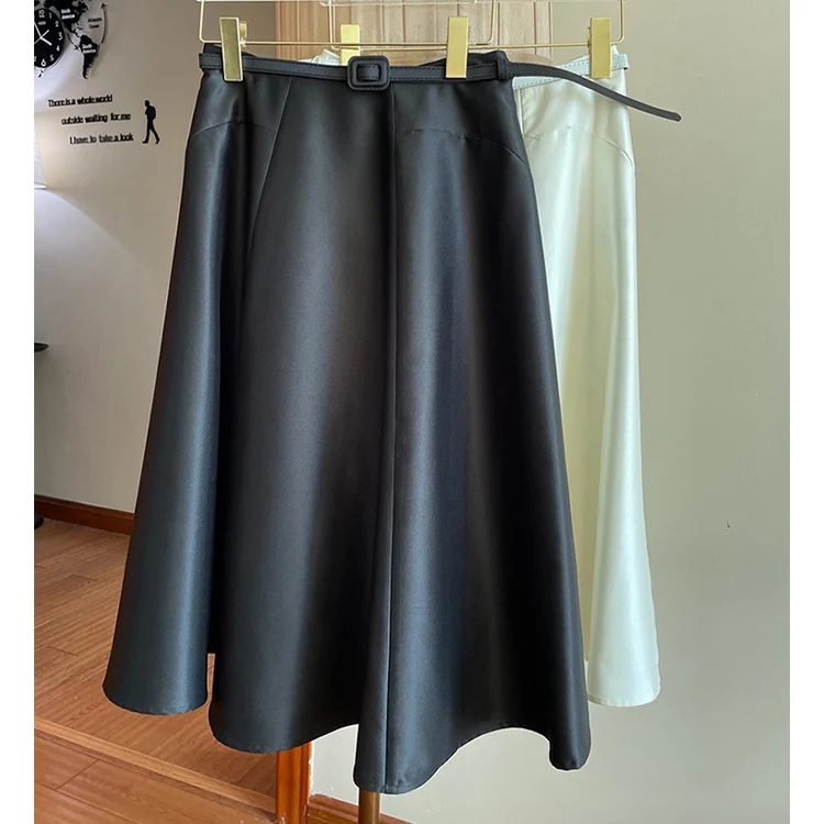 Damen Satin-Midirock mit ausgestellter A‑Linie und schmalem Bindegürtel Drune
