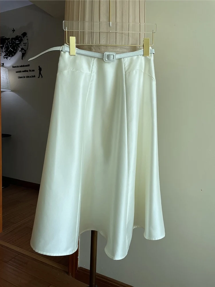 Damen Satin-Midirock mit ausgestellter A‑Linie und schmalem Bindegürtel Drune