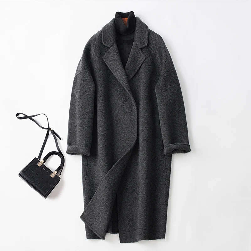 Damen Oversize Wollmix Mantel mit fallendem Revers und gerader Maxilänge Drune