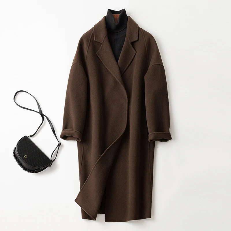 Damen Oversize Wollmix Mantel mit fallendem Revers und gerader Maxilänge Drune