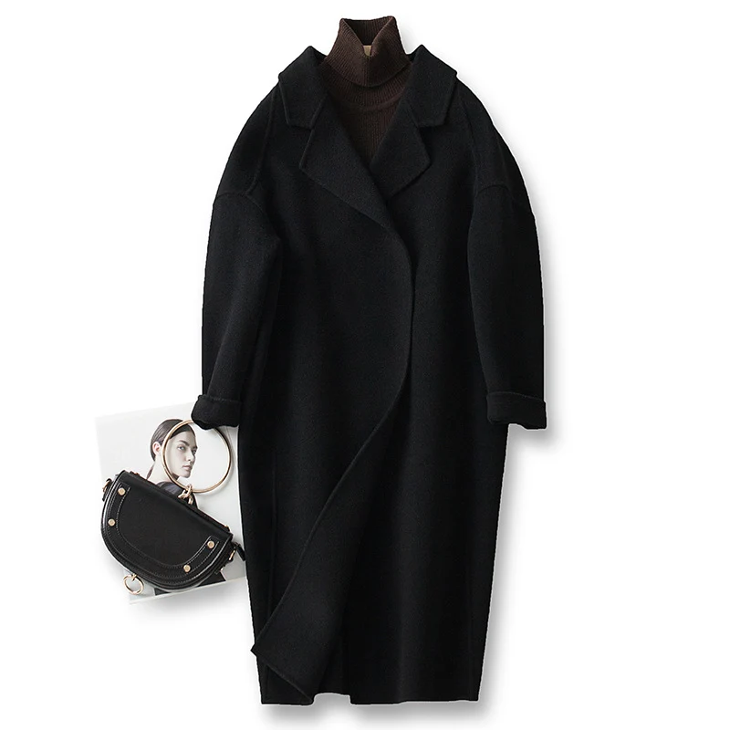 Damen Oversize Wollmix Mantel mit fallendem Revers und gerader Maxilänge Drune