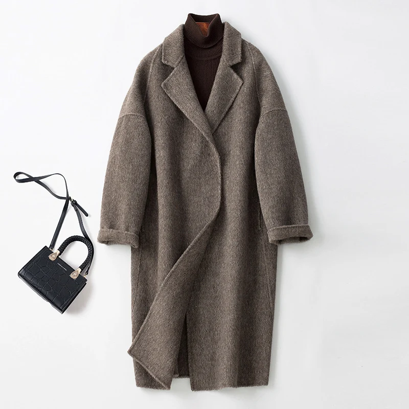 Damen Oversize Wollmix Mantel mit fallendem Revers und gerader Maxilänge Drune