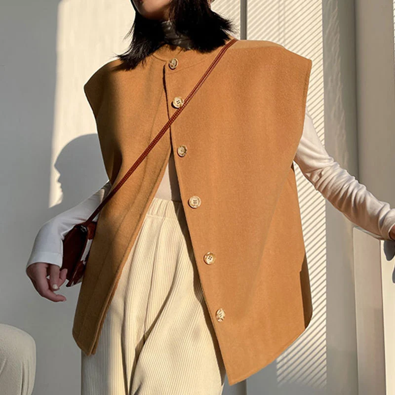 Damen Oversize-Weste mit Stehkragen, kastiger Silhouette und Knopfleiste Drune