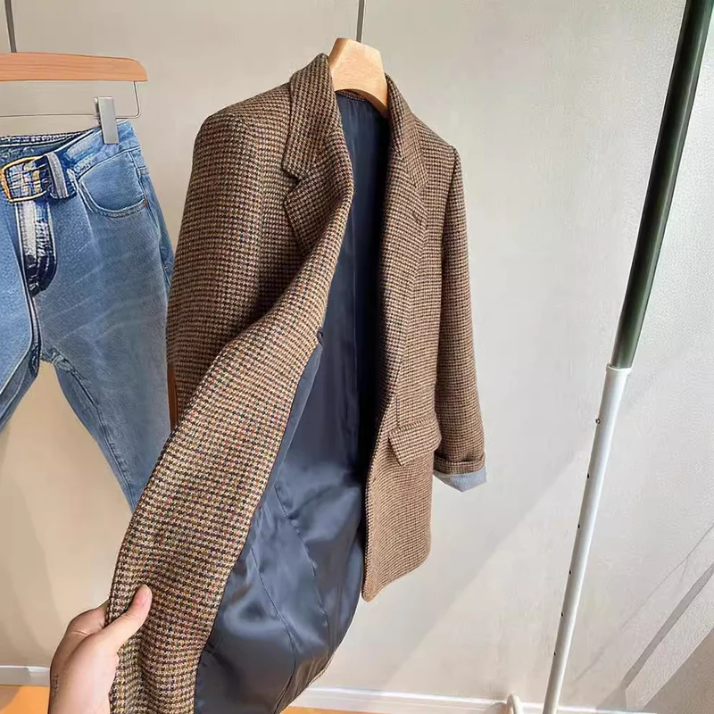 Damen Oversize-Tweed-Blazer mit Ellbogen-Patches, Pattentaschen und kastiger Silhouette Drune