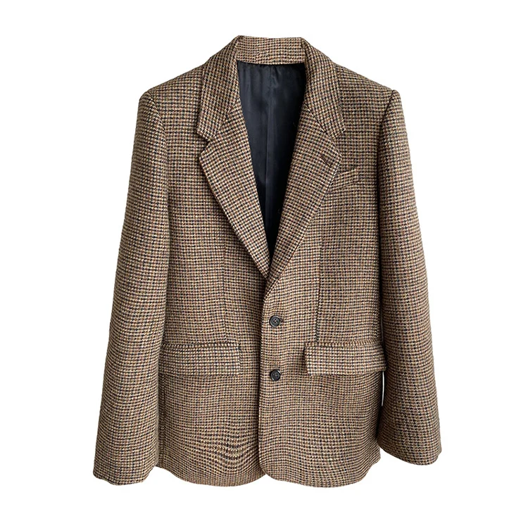 Damen Oversize-Tweed-Blazer mit Ellbogen-Patches, Pattentaschen und kastiger Silhouette Drune