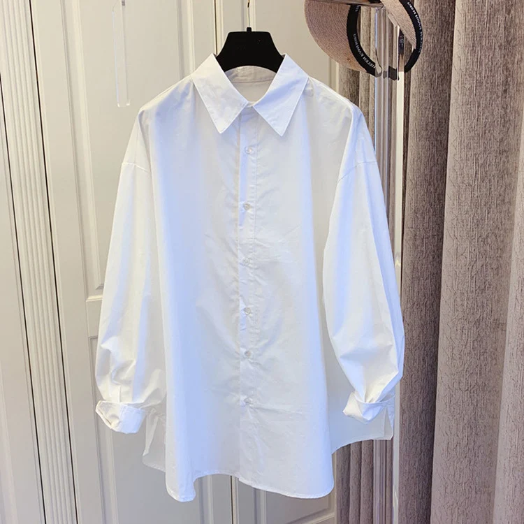 Damen Oversize-Popeline-Bluse mit Ballonärmeln, Hemdkragen und abgerundetem Saum Drune