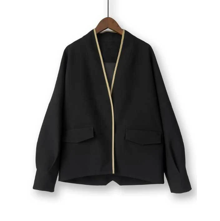 Damen Oversize kragenlose Blazerjacke mit kontrastpaspel & Pattentaschen Drune
