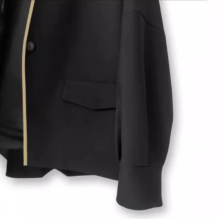 Damen Oversize kragenlose Blazerjacke mit kontrastpaspel & Pattentaschen Drune