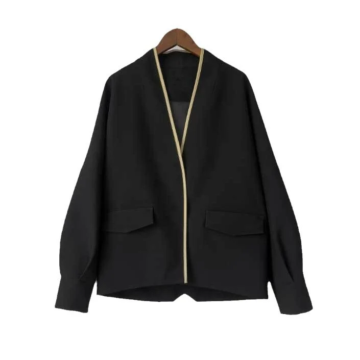 Damen Oversize kragenlose Blazerjacke mit kontrastpaspel & Pattentaschen Drune