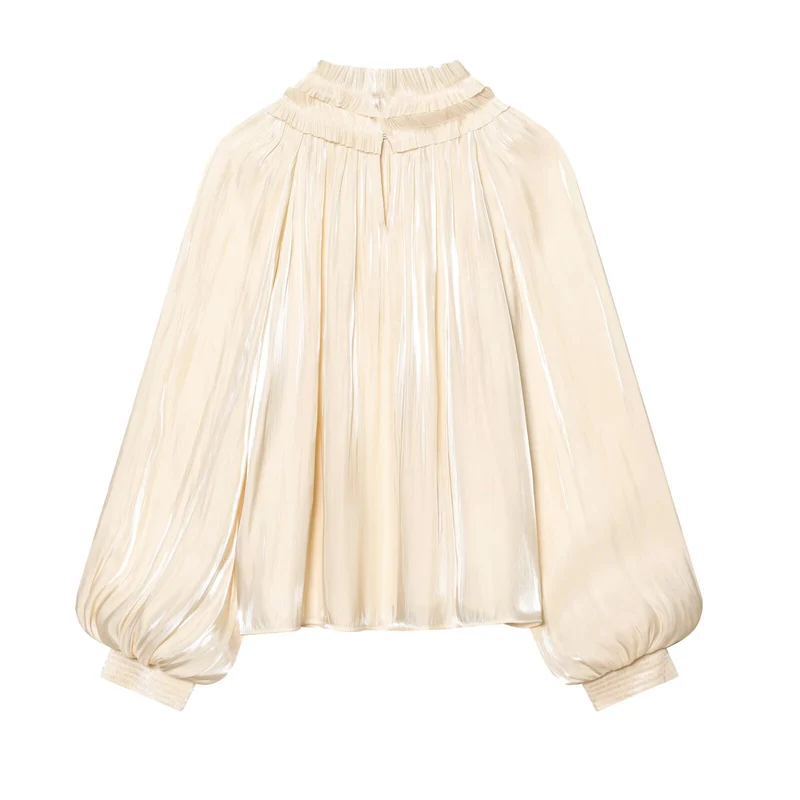 Damen 20+ plissierte Highneck-Bluse mit Rüschenkragen und Ballonärmeln Drune