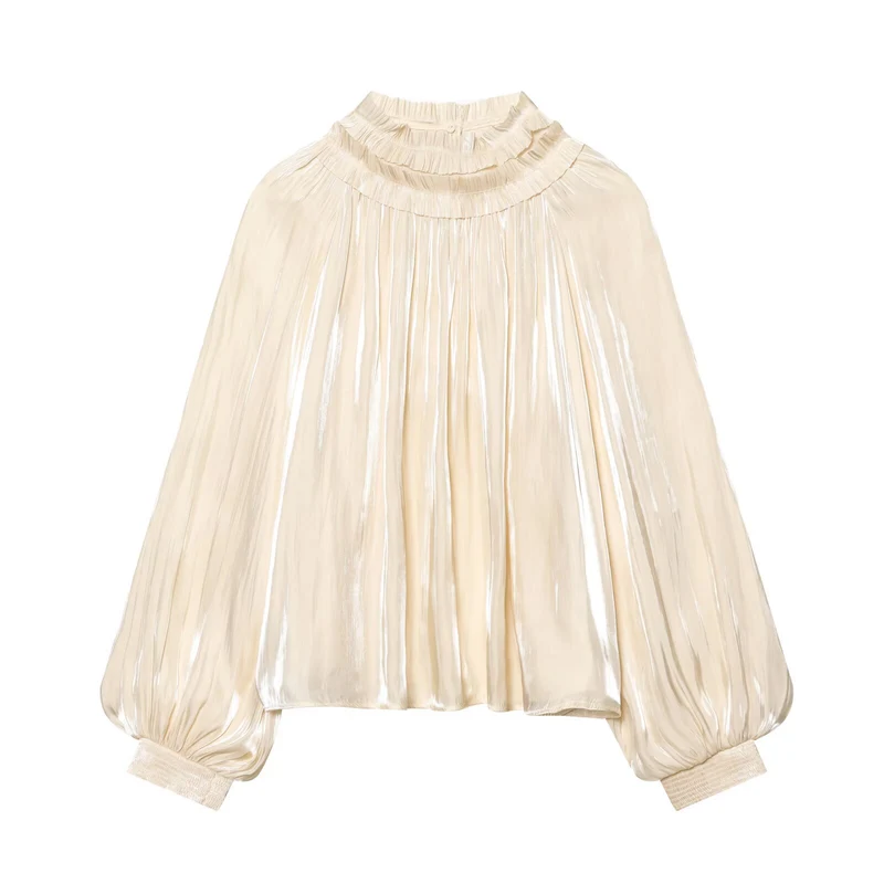 Damen 20+ plissierte Highneck-Bluse mit Rüschenkragen und Ballonärmeln Drune