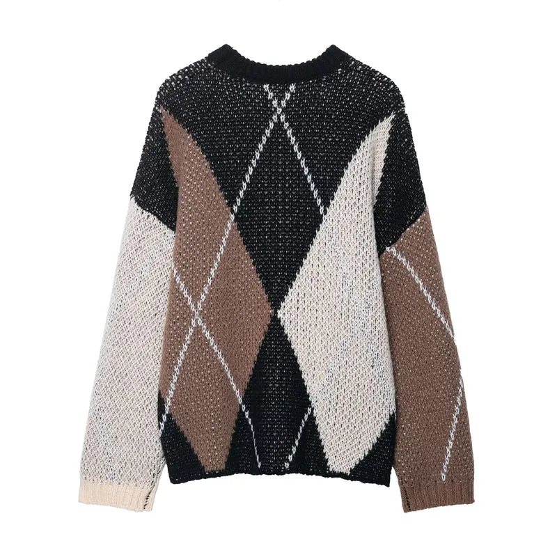 Damen 20+ Oversize Argyle Strickpullover mit Rundhalsausschnitt und grober Maschenstruktur Drune